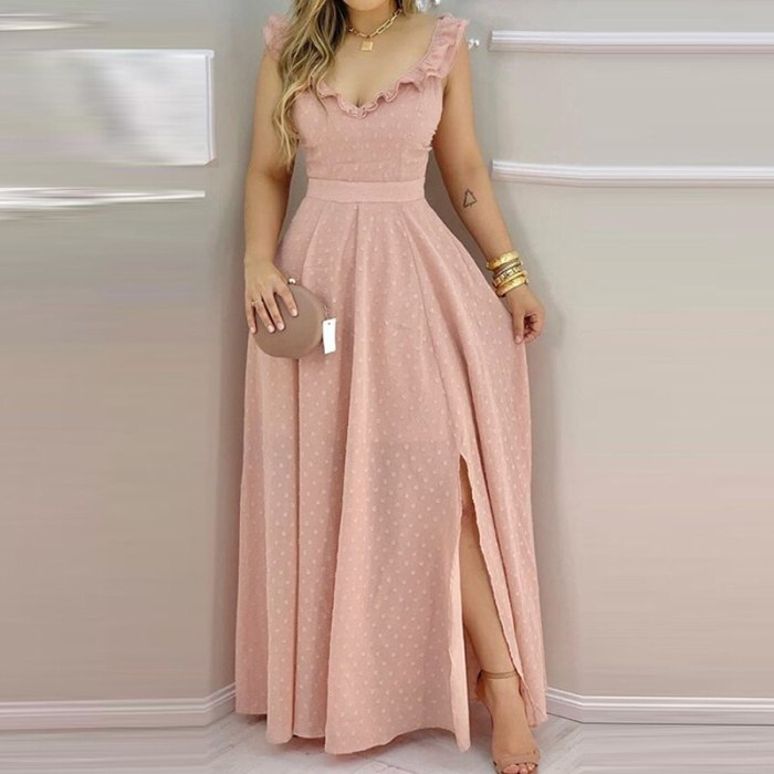 Women Solid Color Ruffles Dress V-neck Sleeveless Dots Maxi Dress Elegant Fashion Backless Split Sweet Dress Floor-Length Dress
