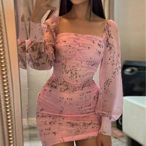 Floral Print Dresses Women Long Sleeve Square Neck Floral Dress Fashion Office Lady Sexy Dress Shirt Bodycon Party Vestidos