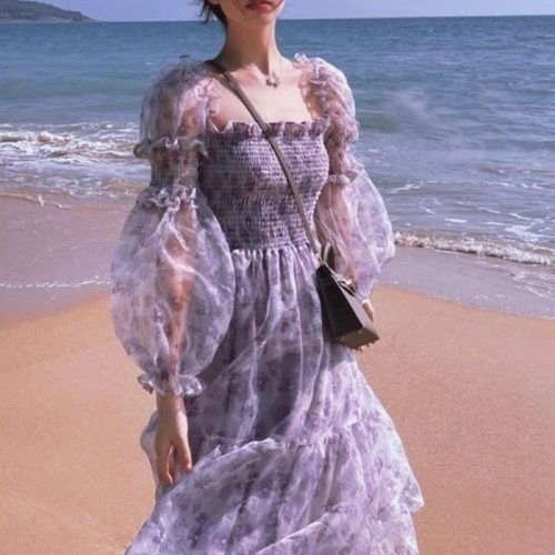2021 Summer Lace Elegant Midi Dress Women Puff Sleeve Square Collar Boho Beach Floral Dress Female Party One Piece Dress Korean
