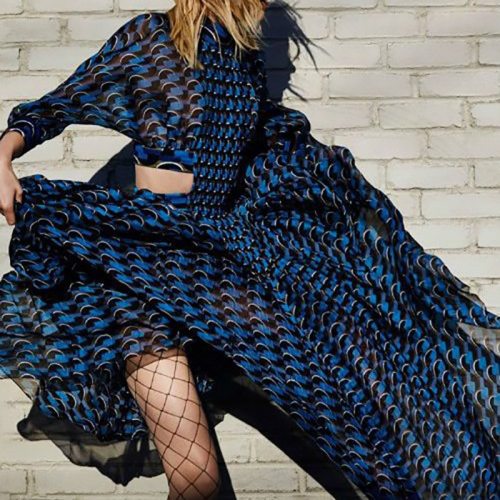 Runway Dresses Women Blue Stripes Printed Fashion Long Sleeves High Neck Hollow Out Floor Length Charming Party Dress Newest