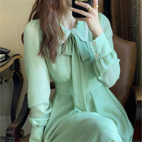 French Retro Dress Women Casual Ruffled Collar Long Sleeve Vintage Bow Solid Fairy Chic Party One-Piece Dress Women Korean Style