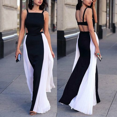 Elegant Black White Colorblock Big pleated Maxi Dress Women Spaghetti Strap Hollow Out Back Big Pose Dress