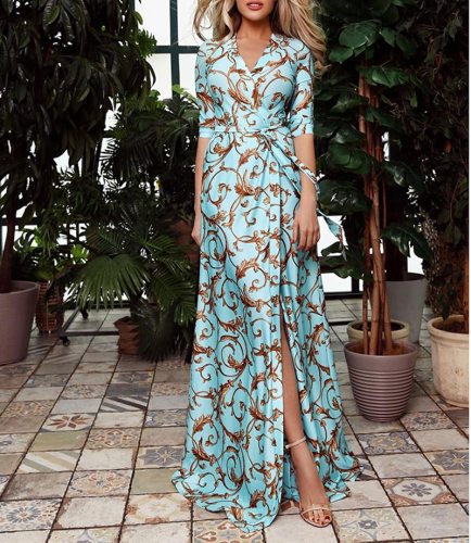 Retro Floral Print Sashes Long Dress Women Split High Waist Bohemian Maxi Dress Long Sleeve Summer Beach Dresses Robe Femme