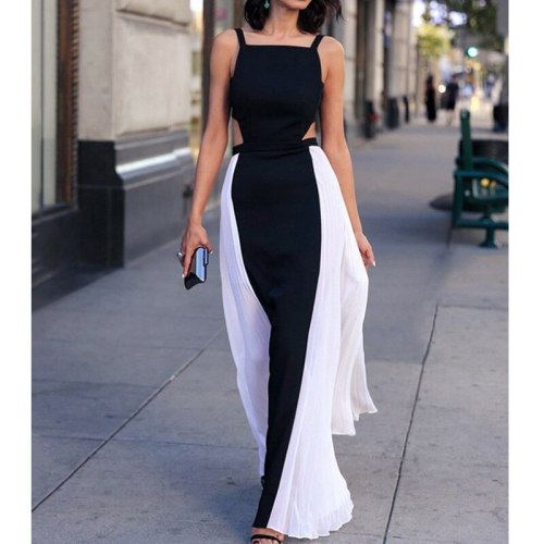 Elegant Black White Colorblock Big pleated Maxi Dress Women Spaghetti Strap Hollow Out Back Big Pose Dress