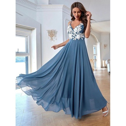 Women Backless Dress Summer Solid Color Office Lady Spaghetti Strap Fashion Chiffon Long Dress Blue Vestido Feminino Donsignet