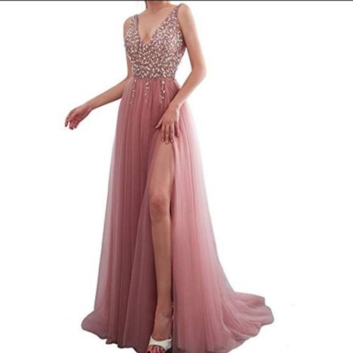 Women Party Dress Lace Pink Embroidered Beads Sexy Deep V Sleeveless Solid Floor-Length Dress Elegant