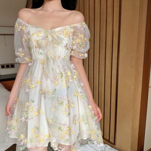 French Floral Dress Women Sexy Puff Sleeve Lace Chiffon Print Mini Dress Women Summer Korean Style Vintage Fairy Dress New 2020
