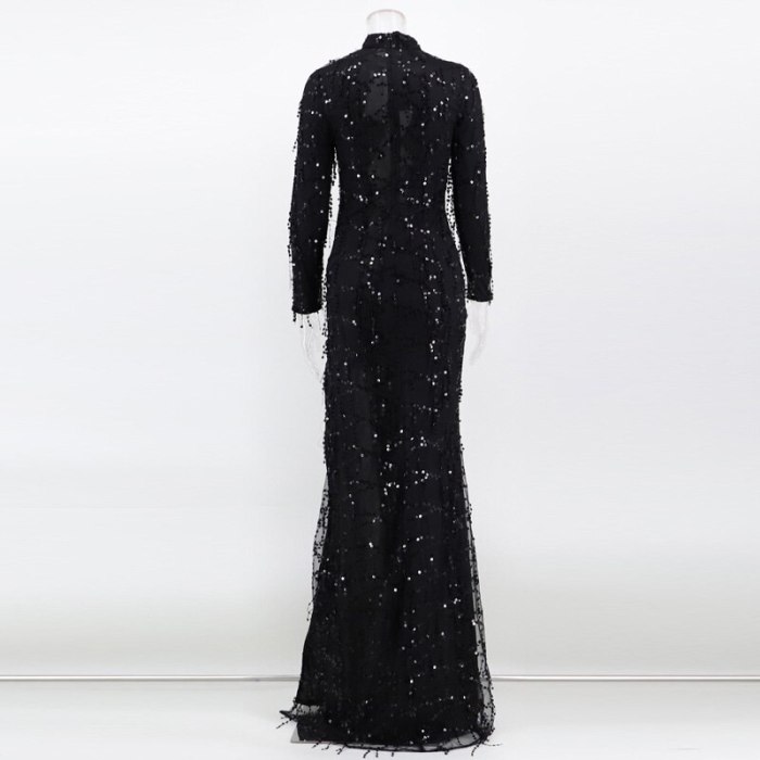 Black Fashion Sequin Gowns Women Long Sleeve High Collar Elegant Mesh Sexy High Split Celebrity Party Long Dresses 2021