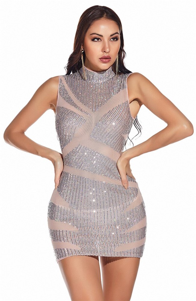 Sexy Glitter Sequined Dress Women Deep V Bodycon Mini Dresses 2021 One Shoulder Long Sleeve Choker Night Club Party Dress