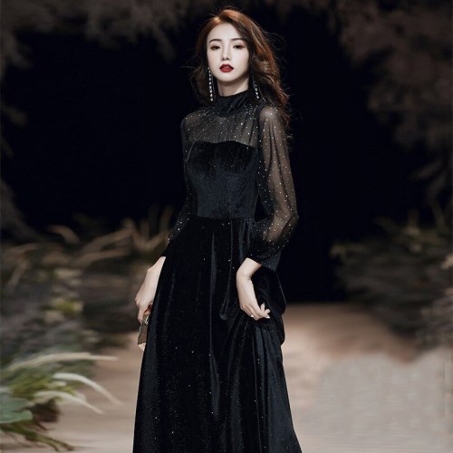 Ladies Black Long Evening Dresses Long Sleeves Velour Prom Dress Elegant A-Line Formal Gowns vestidos вечернее платье