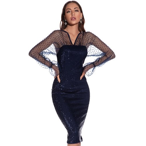 Navy Blue Dot Sexy Cocktail Dresses 2021 V Back Long Sleeves Knee Length Hot Sequins Formal Lady Party Gown Vestido YSAN1004