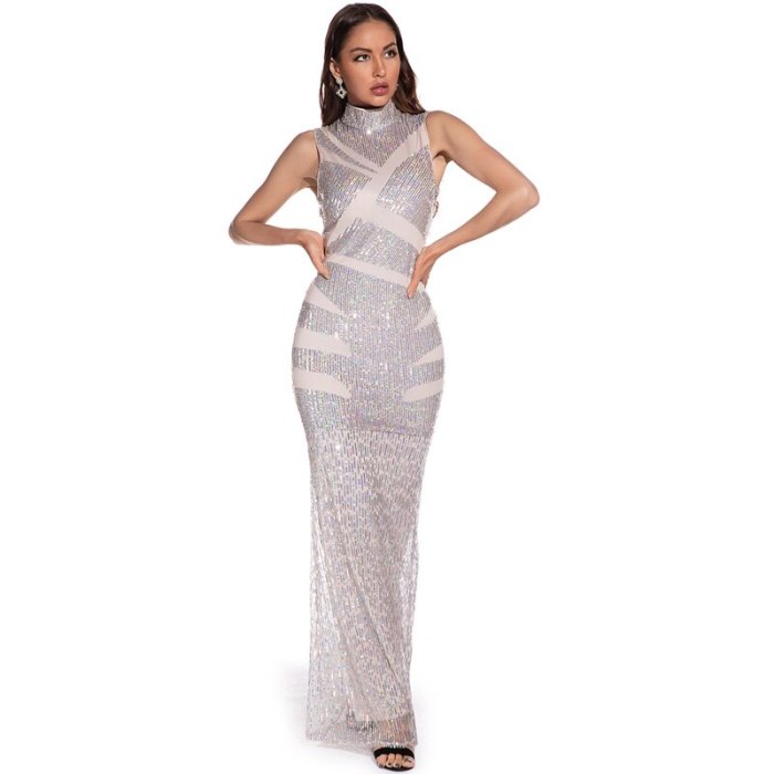 2021 Sexy Women Turtleneck Sleeveless Long Sequin Dress Retro Geometry Mermaid Maxi Elegant Evening Party Dresses