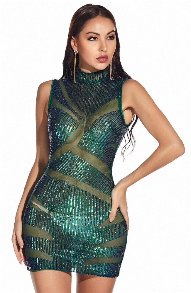 Sexy Glitter Sequined Dress Women Deep V Bodycon Mini Dresses 2021 One Shoulder Long Sleeve Choker Night Club Party Dress