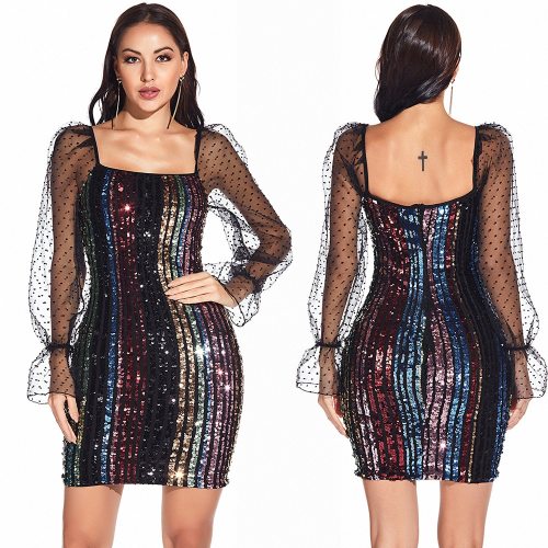 Sexy Mesh Colour Striped Sequin Dress Vintage Long Sleeve Square Collar Dress Woman Summer Club Bodycon Casual Office Mini Dress