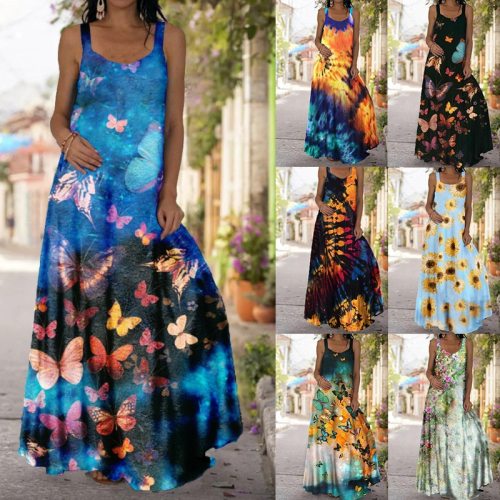 2021 Summer New Large Size Round Neck Pullover Women's Sling Dress Slim and Thin Long Dress with Butterfly Print