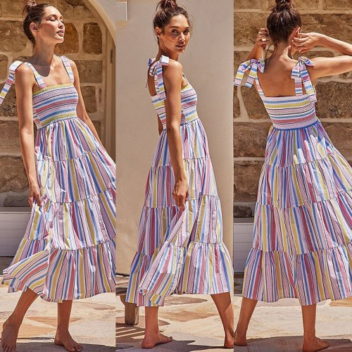 Long Bohemian dress Summer Lace-Up Shoulder Strap Sweety Stripled Printed Pleated Dress Women Sexy Elastic Back Suspender Dress