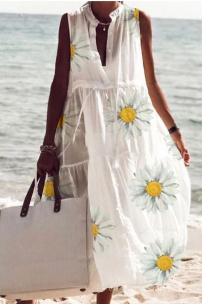 2021 European and American summer new style ladies printed dress small daisy V-neck sleeveless beach dress