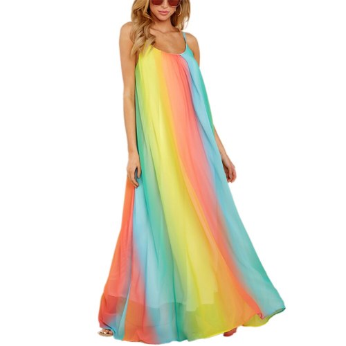 Boho Chiffon Beach Dress Women Bohemian Cozy Sleeveless Mesh Multi-Layer Long Gradient Sling Loose Colorful Long Loose Vestidos
