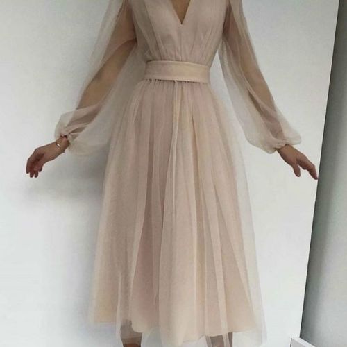 2021 Spring Solid Mesh Women's Bud Midi Dress Deep V-neck Puff Sleeve Female Dresses Elegant Party Lady Clothes