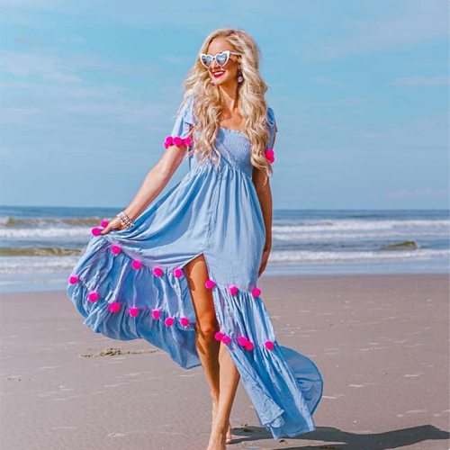 New Arrival Women's Fashion Sexy Women Sand Balls Split Short Sleeve Beach Strapless Shoulder Dress