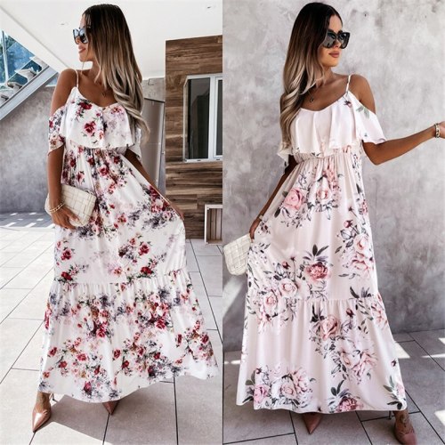 Summer 2021 Print Women Dress Vacation Style Slash Neck Loose Maxi Dress Plus Size
