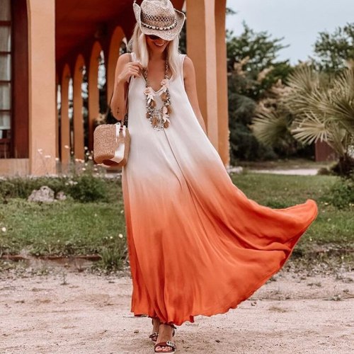 Casual Orange Patchwork Ruffle Loose Women Dress V Neck Sexy Sleeveless Gradient Summer Beach Female Dresses Vestidos 2021