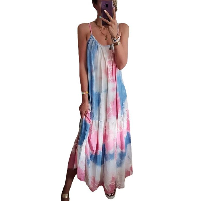 Tie Dye Summer Dress Women Sleeveless Maxi Dress Woman Long Dresses for Women 2021 Loose Print Spaghetti Strap Sundress Female