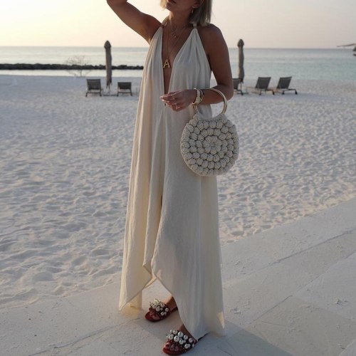 Summer Beach Dresses Cover-Ups Woman Outlet Tunic Large Size New Dress Sexy Long Sleeveless Neck Backless Solid Acetate