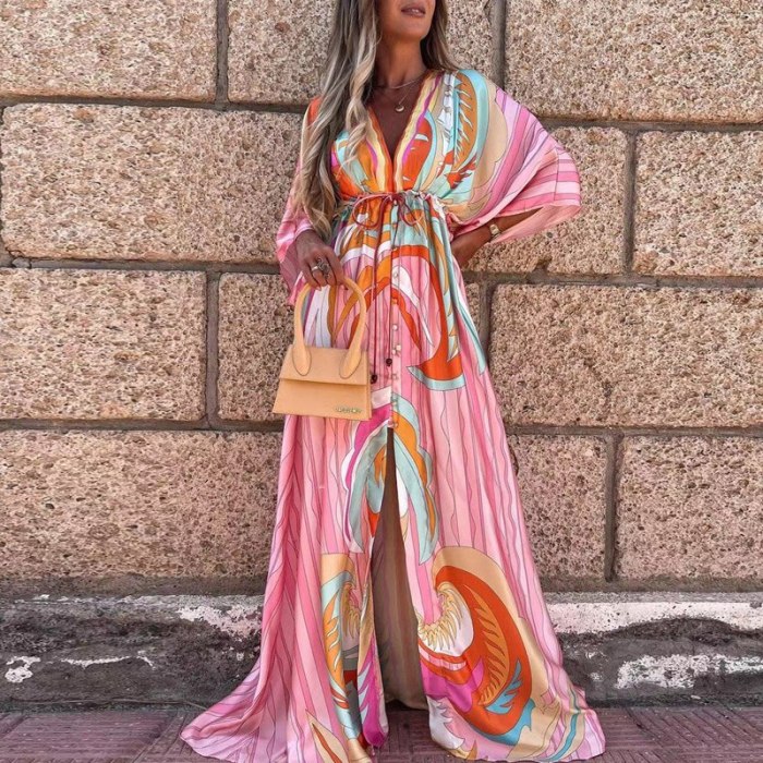 New Deep V Neck Printing Hem Maxi Dress Women Elegant Button Elastic Waist Long Party Dress Spring Summer Loose Slit Beach Dress
