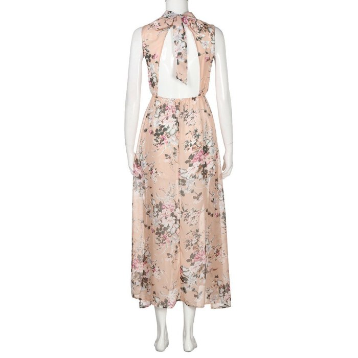 40# Boho High-slit Maxi Dress Women Floral Print Sleeveless Backless Chiffon Summer Dress Elegant Holiday Dress Robe Femme