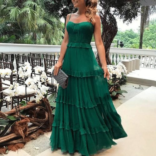 Elegant Fashion Maxi Dresses for Women Long Green Evening Dress Cascading Ruffle Formal Dress Bohemian Dress Suspender Dress