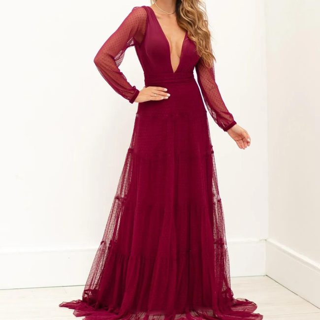 Dress Autumn 2021 Solid Color Temperament Commute Lace Red V-neck Long Sleeve Backless Net Yarn Perspective Women's Dress