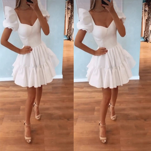 2021 Short Sleeve Dress Women High Waist Solid Elegant White Dress Summer Chic Clothes Party Midi Dress