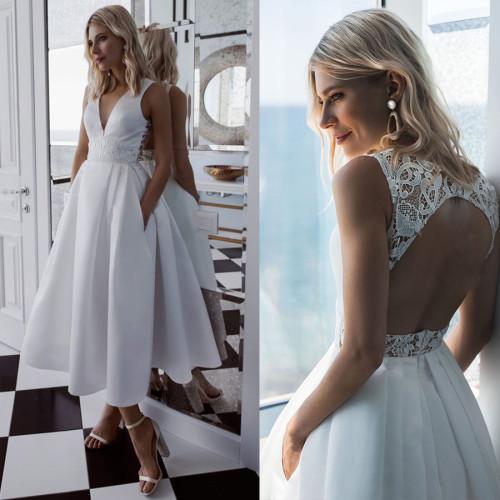 2021 Chic Women Dress V-Neck Backless Lace Sexy Mid-Waist Dress Wedding Dress White Dress