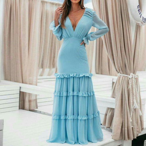 Joymanmall 2021 Fashion Chiffon Collect Waist Slim Blue Long Sleeved V Neck Evening Party Dresses for Women Elegant Prom