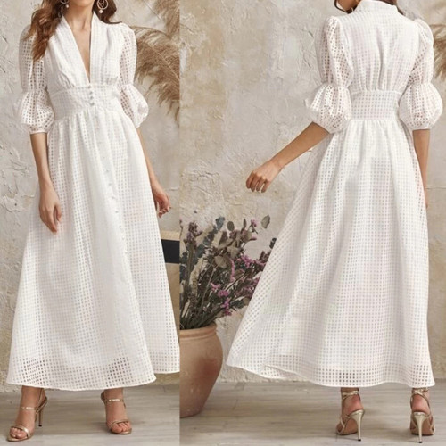 White Summer Dress Women Deep V Collar Button Half Sleeve Casual Dresses See Through Plaid Sexy Midi Dress Streetwear 2021