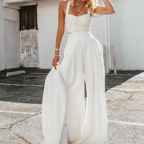 2021 Fashion White Outfits Straps Crop Top Loose Wide Leg Pants Two Piece Set Casual Streetwear Summer Women Party Matching Sets