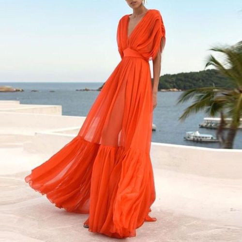 Women Dress Temperament Orange Beach Dress V Neck Short Sleeve Draw String Maxi Dresses Loose Casual Long Summer Dresses