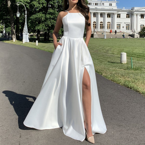 Women Fashion Sleeveless Strap Dress White Slim Maxi Dress Sexy Backless High Waist Dress Party Dress