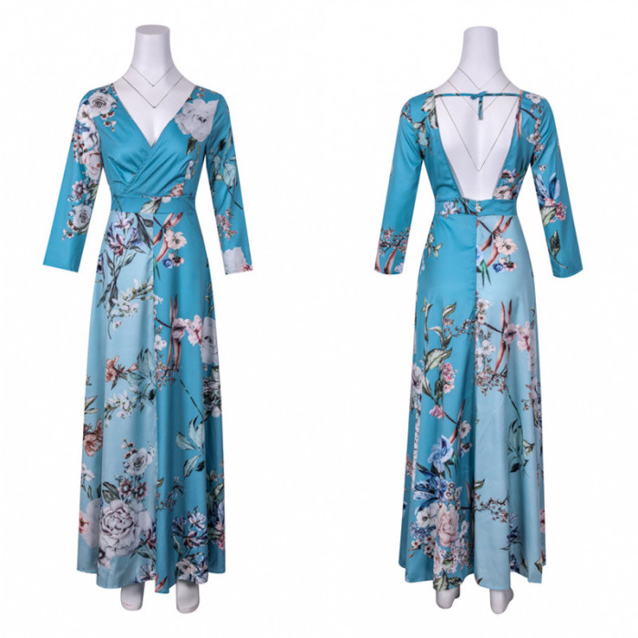 Vintage Casual Print Women Maxi Dress 2021 Summer Fashion Backless V-neck Long Sleeves Dress