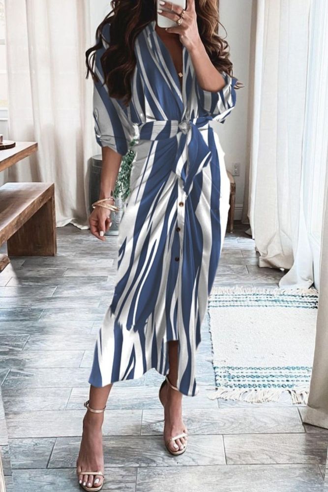 Women Elegant Half Sleeve Print Tied Detail Design Ruched Maxi Shirt Dress