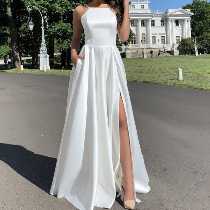Women Fashion Sleeveless Strap Dress White Slim Maxi Dress Sexy Backless High Waist Dress Party Dress