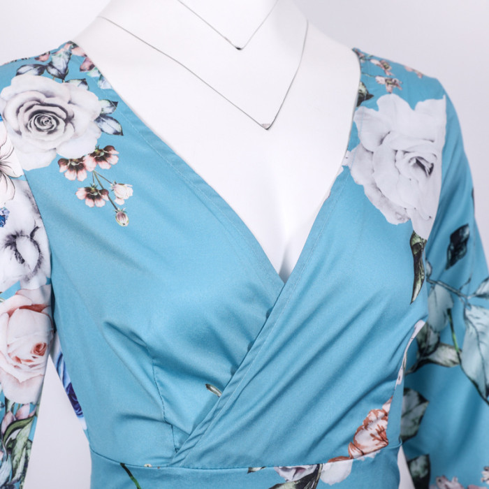 Vintage Casual Print Women Maxi Dress 2021 Summer Fashion Backless V-neck Long Sleeves Dress