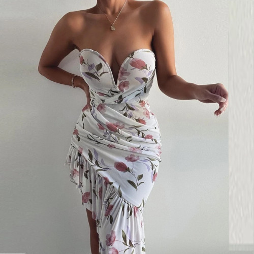 Summer Bohemian Sleeveless Mini Dresses Sexy Strapless Print Asymmetrical Design Slim Dress