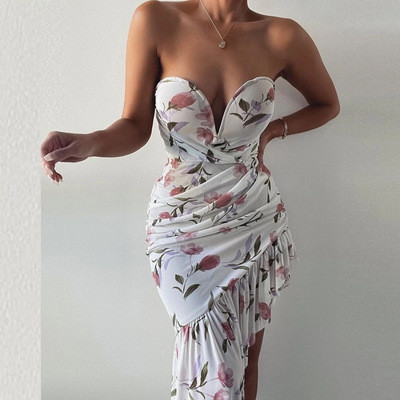 Summer Bohemian Sleeveless Mini Dresses Sexy Strapless Print Asymmetrical Design Slim Dress