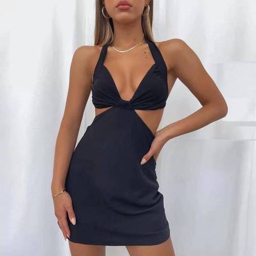 Satin Women Halter Mini Dress Slit Lace Up Bandage Hollow Out Backless Sexy Streetwear Party Club Festival 2021 Summer