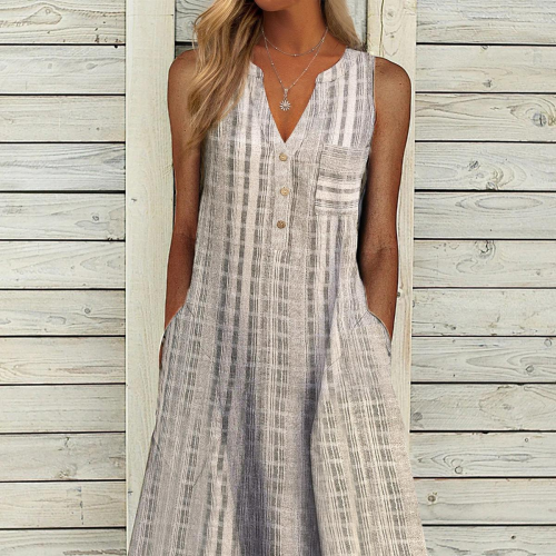 Retro Pattern Print Pocket Women Party Dress Spring V Neck Button A-Line Office Lady Dress Summer Sleeveless Loose Beach Dresses