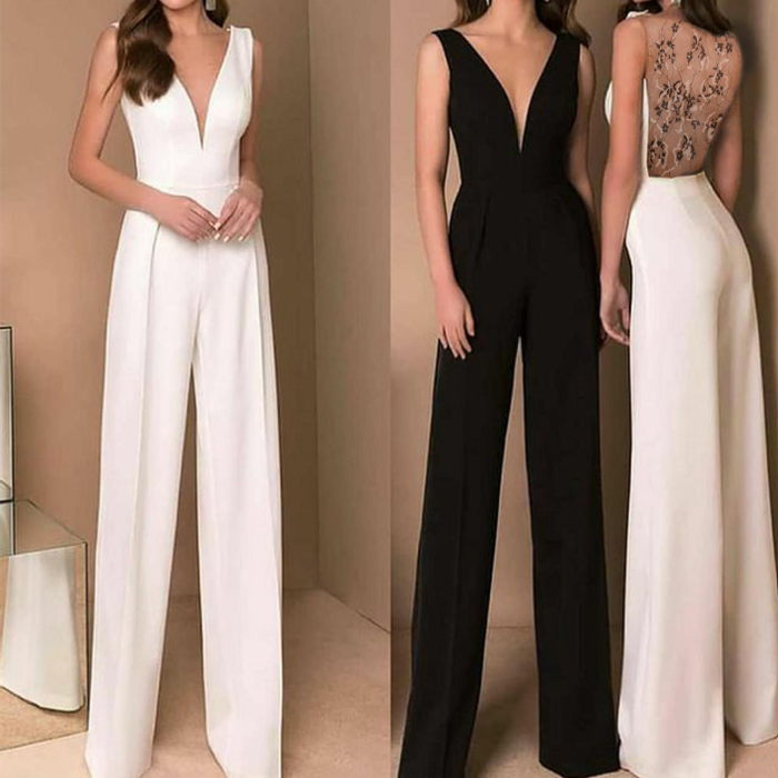 Sexy Jumpsuit Women V-neck Slim Mesh Lace Backless Straight Ladies Elegant Fashion Casual Empire Long Jumpsuits