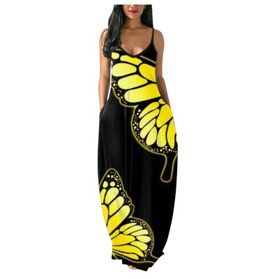 2021New Fashion Butterfly Print Milk Silk Hanging Wide Loose One-Piece Long Sleeveless Dress Summer Women's Clothes Beach Style