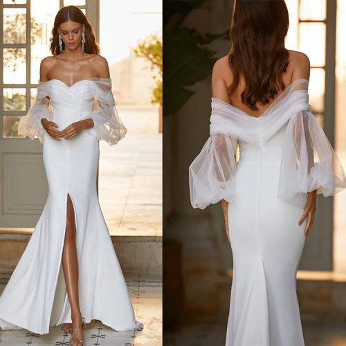 Sexy Mermaid Wedding Dresses Off The Shoulder Boho Mermaid Brides Gowns Long Puffy Sleeves Front Split Beach Bridal Gowns